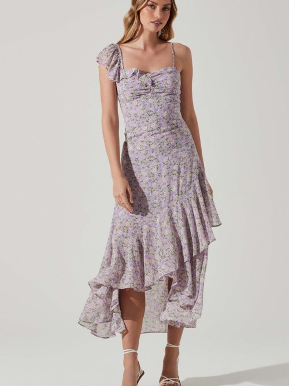 Astr the Label Lavender Floral Ruffle-Hem Midi Dress